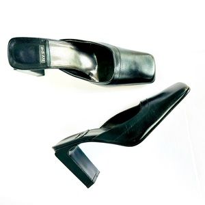 Hype black leather square toe mules slides heels pumps. Size 8.5. Gently worn.